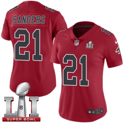 Nike Falcons #21 Deion Sanders Red Super Bowl LI 51 Women's Stitched NFL Limited Rush Jersey
